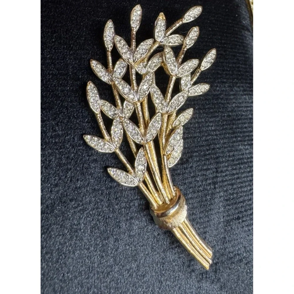 Vintage‎ Rhinestone Wheat Sheaf Brooch Gold Tone Floral Bouquet Pin